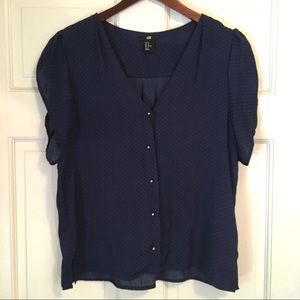 H&M Navy Blouse Brass Buttons Flutter Sleeve